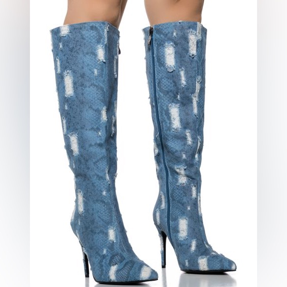 Azalea Wang Blue Denim Distressed Snakeskin Knee High Boots